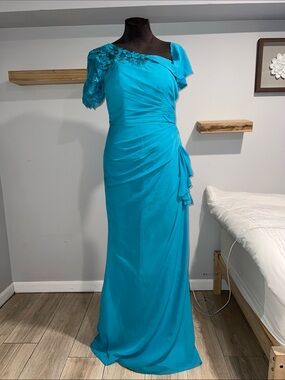 floral lace applique blue floor length custom made dress with‎ corset